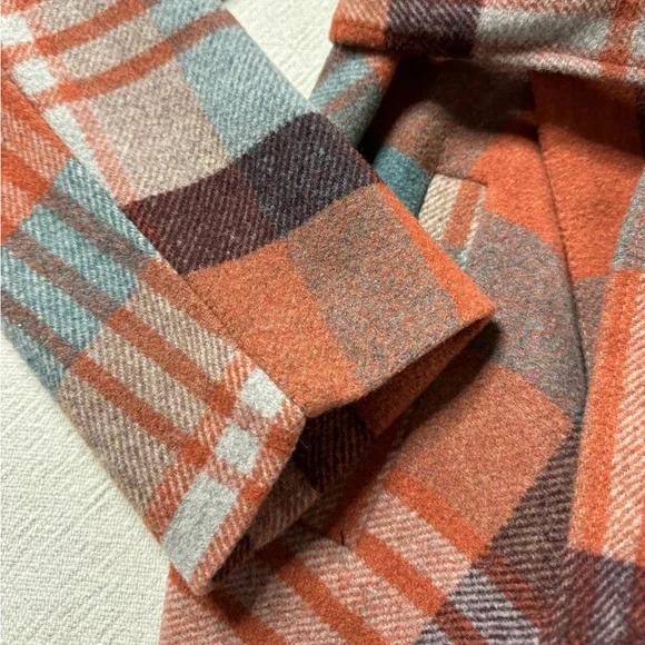 Chicwish Wool Blend Orange Teal Brown Plaid Wrap Coat S - Picture 4 of 8